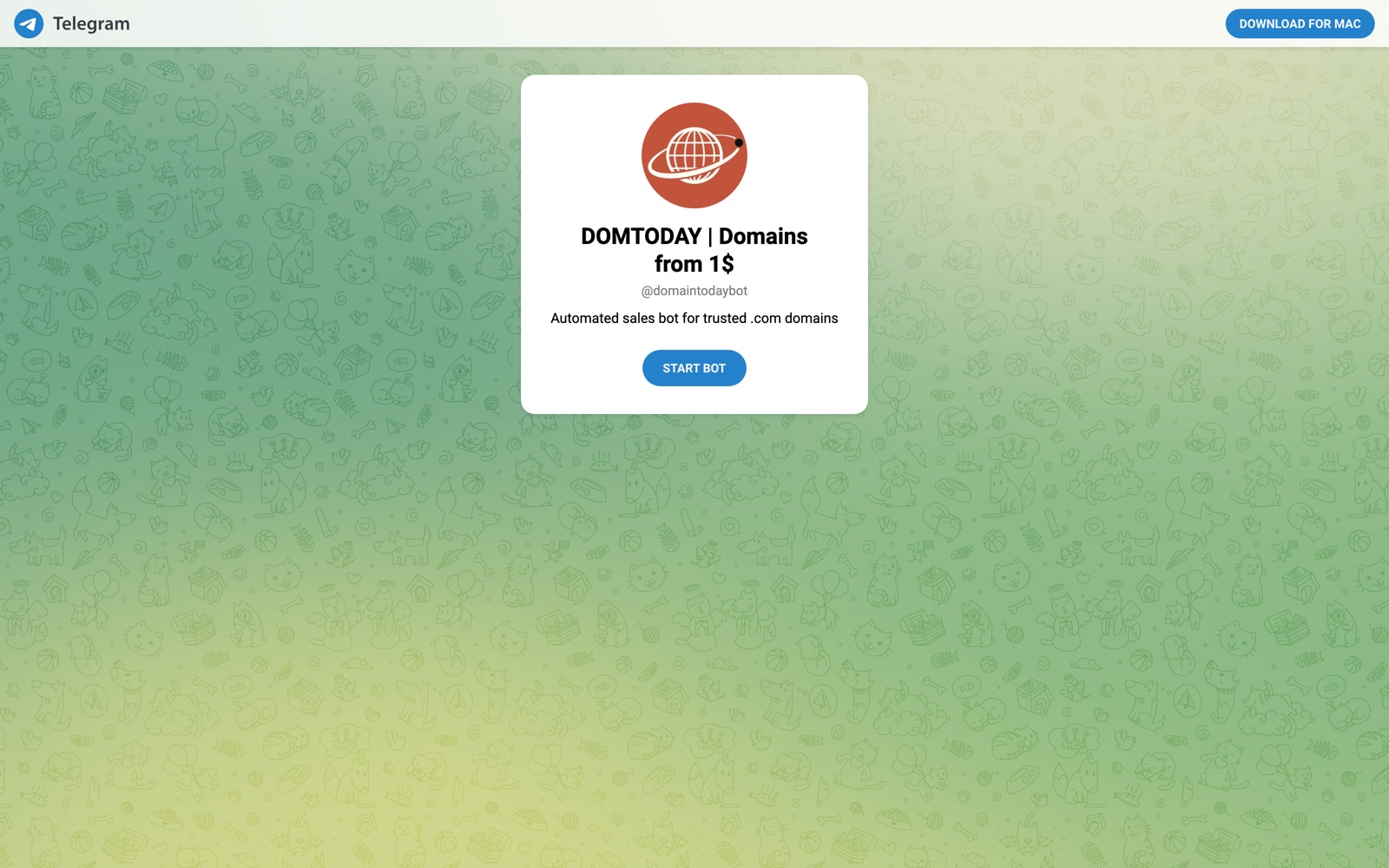 Screenshot of the DOMTODAY Telegram bot for automated domain sales